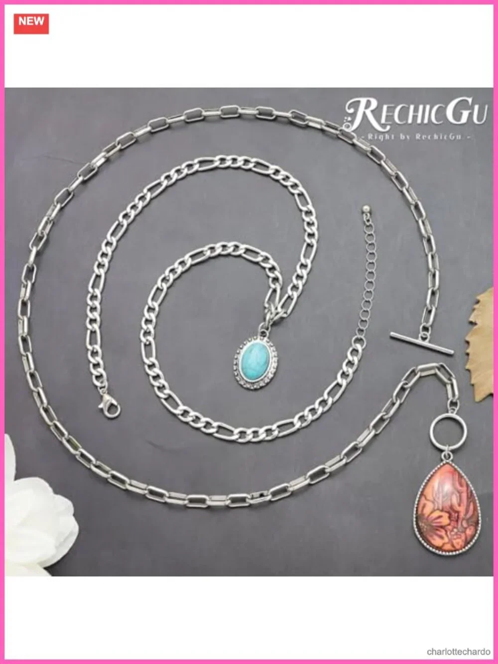 2 Pc Western Turquoise Pendant Necklace Set Boho Concho Cactus Toggle